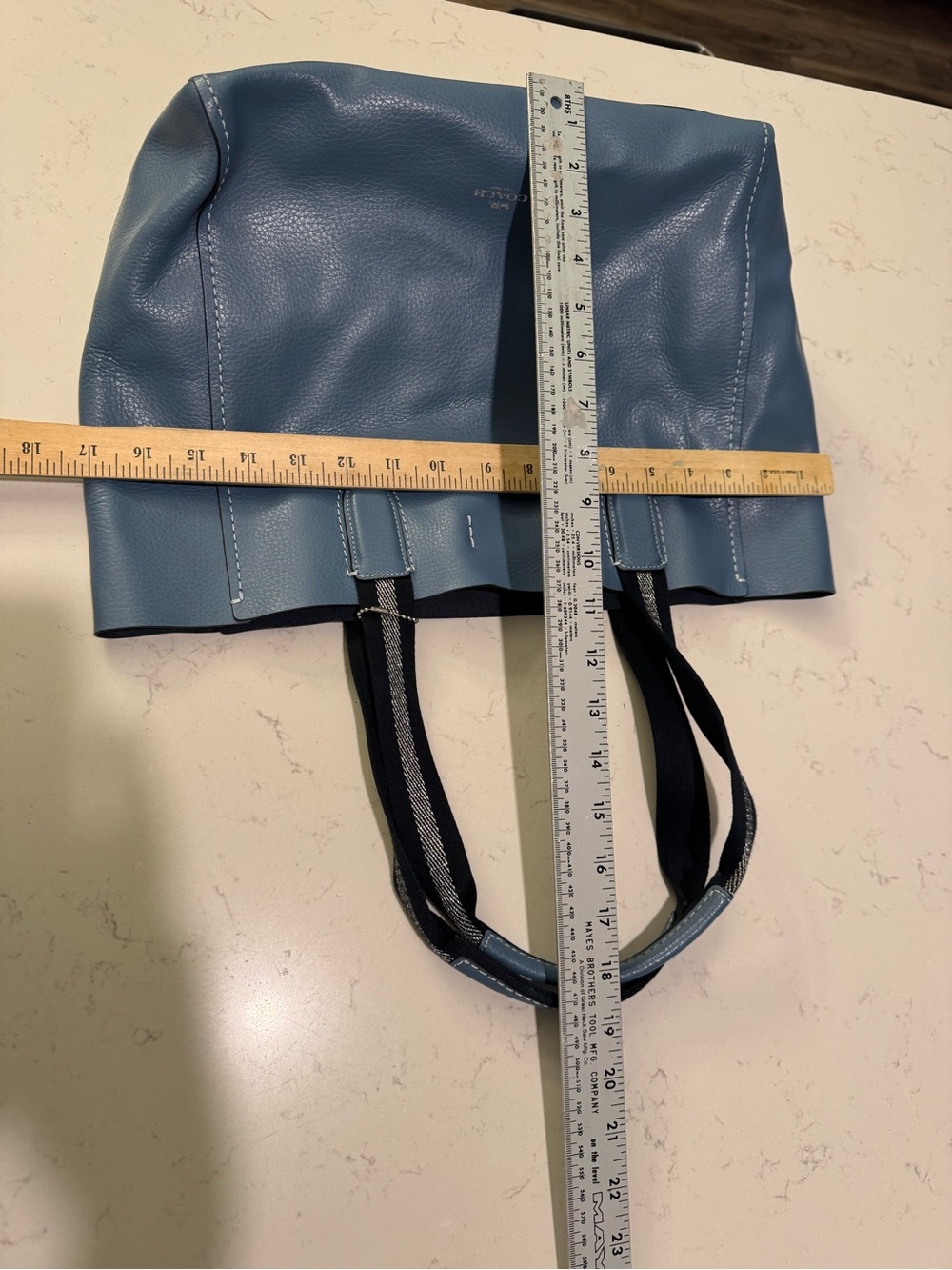 Coach Blue Leather Tote with Navy Striped Handles - Picture 4 of 16